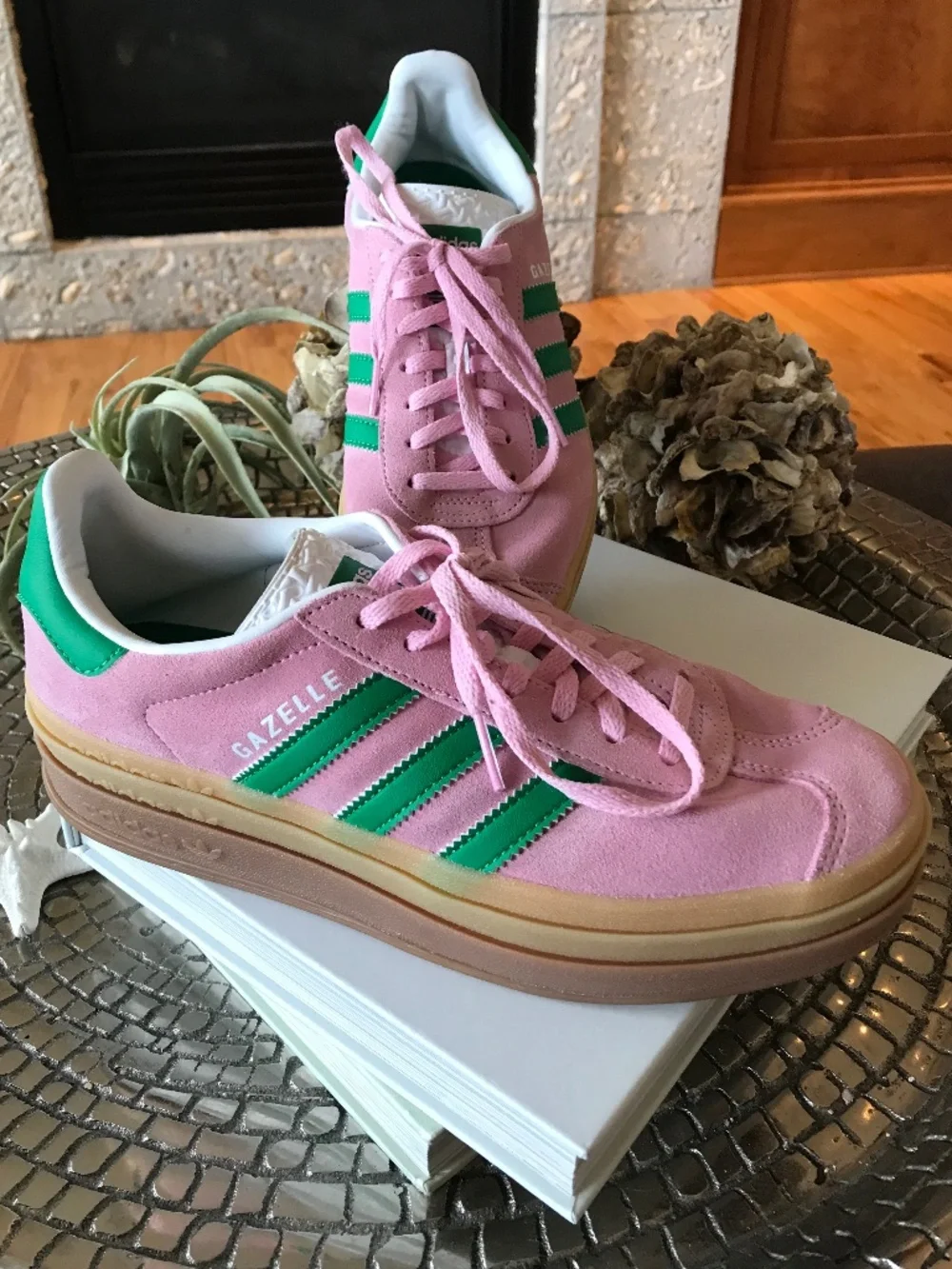 BEST SELLER 🔥 ADIDAS GAZELLE BOLD PINK SUEDE GREEN STRIPE PLATFORM SNEAKERS